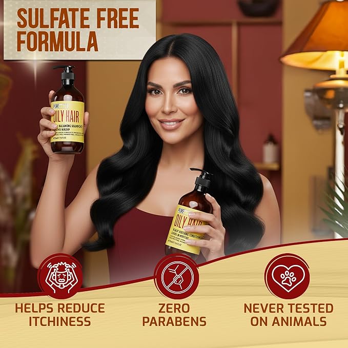Oily Hair Shampoo and Conditioner Set - Sulfate Free Moisturizing Cleanse for Oily, Flaky Scalps - Fights Dandruff and Itchiness - Salon Professional Formula - For Men and Women - 16 Fl Oz (Set of 2)