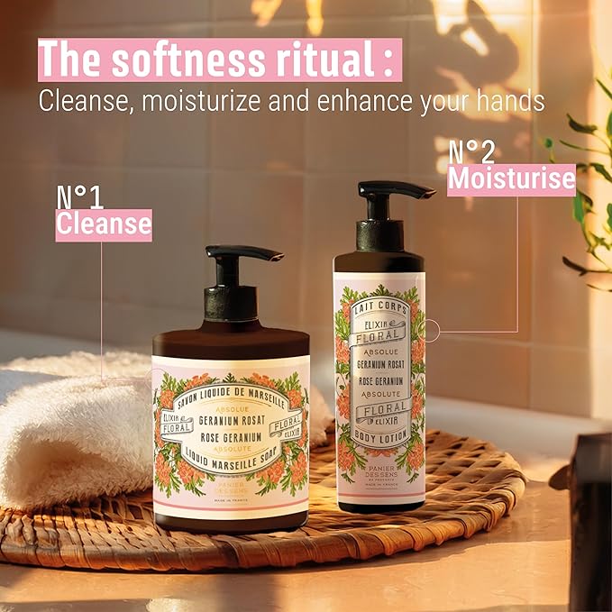 Panier des Sens – Geranium Hand & Body Lotion for Dry Skin - Hydrating Body Cream for Women - Nourishing Fluid Body Moisturizer Shea Butter & Olive Oil - 97% Natural Ingredients Body Care - 8.45 Floz