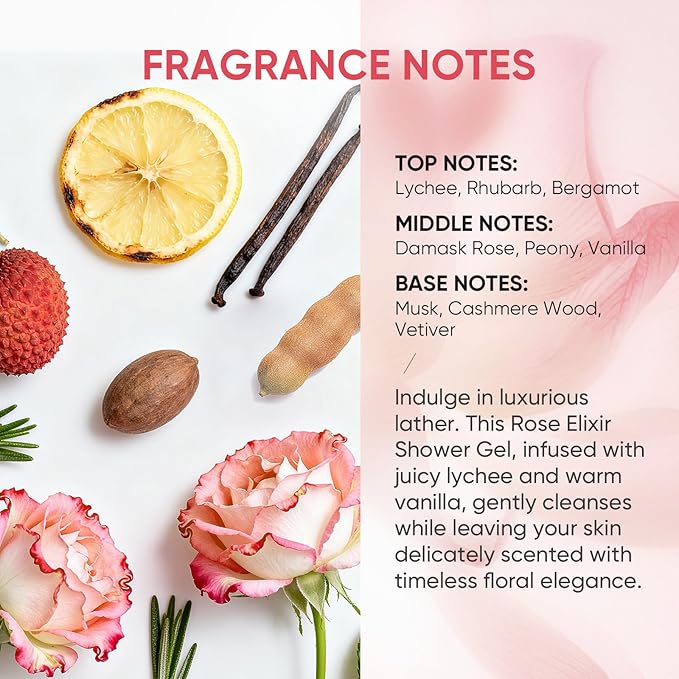 Rose Elixir Body Wash for Women, Moisturizing Essence Shower Gel with Triple Rose Formula, Hydrating Natural Cleanser, Gentle Foaming & Multi-Oil Nourishment, 7 oz