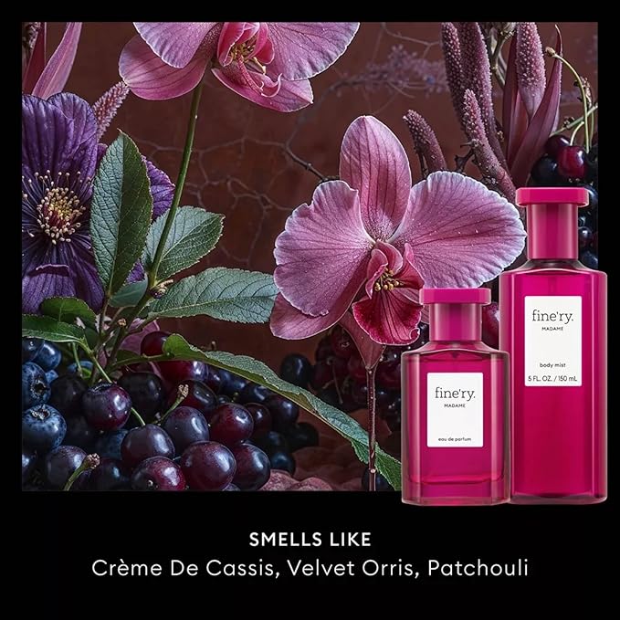Fine'ry Fruity Floral Elegant Madame Hair + Body Mist Spray for Women, Long Lasting Fragrance with Crème de Cassis, Velvet Orris & Patchouli, Vegan & Cruelty-Free, Body Spray for Girls (5 Fl Oz)