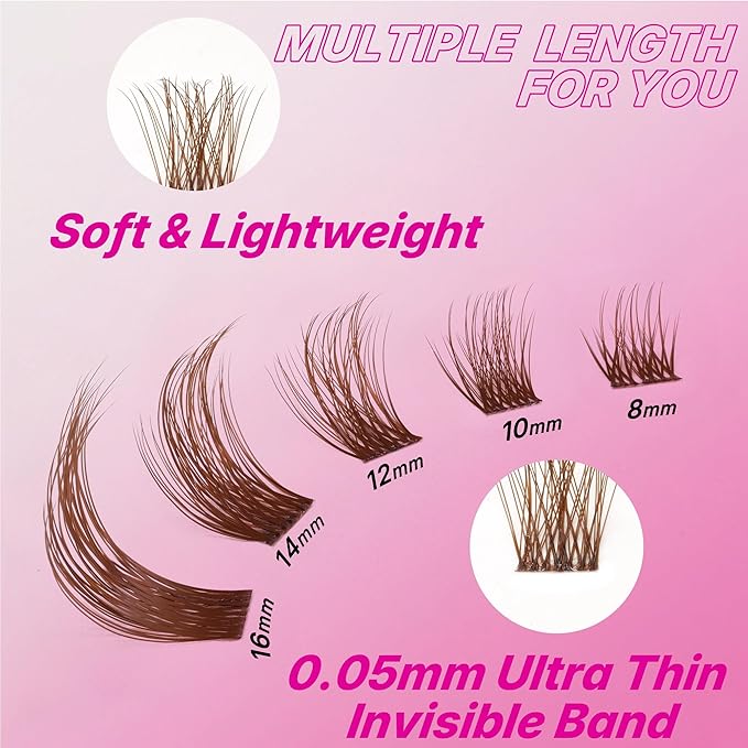 VEYESBEAUTY Dreamy Brown Lash Clusters Kit Individual Lash Extensions Newbie's Five-Second DIY Dramatic Volume Eyelash Wispy Faux Mink Lash Mixed Length Tray with Bond & Seal, Applicator at Home