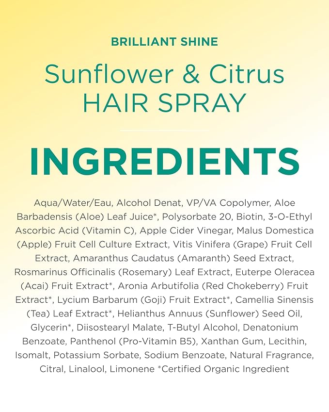 Andalou Naturals Sunflower & Citrus Brilliant Shine Hair Spray | Styling for Shine & Medium Hold | Aloe Vera for Frizz Control | Natural & Cruelty Free | 8.2 fl oz