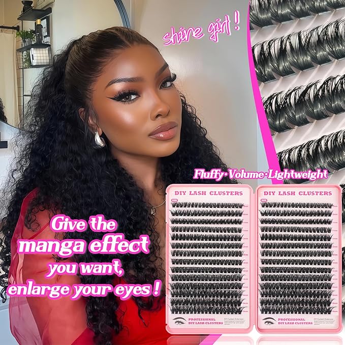 Manga Lash Clusters Kit, 532 Pcs Fluffy Eyelash Clusters Extensions 80D+80D Curl Individual Wispy False Eyelashes Kit with Lash Bond, Lash Remover, Lash Tweezers, Lash Brush (Lash Clusters10-18mm)