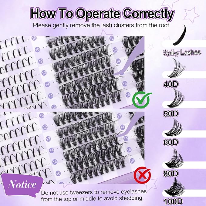 WENDY LASHES Clusters for Eyelash Extensions, 40D+50D+60D+80D+100D, 520PCS, 9-16mm Mixed, Ultra-light, Natural, Waterproof, DIY at Home, D Curl