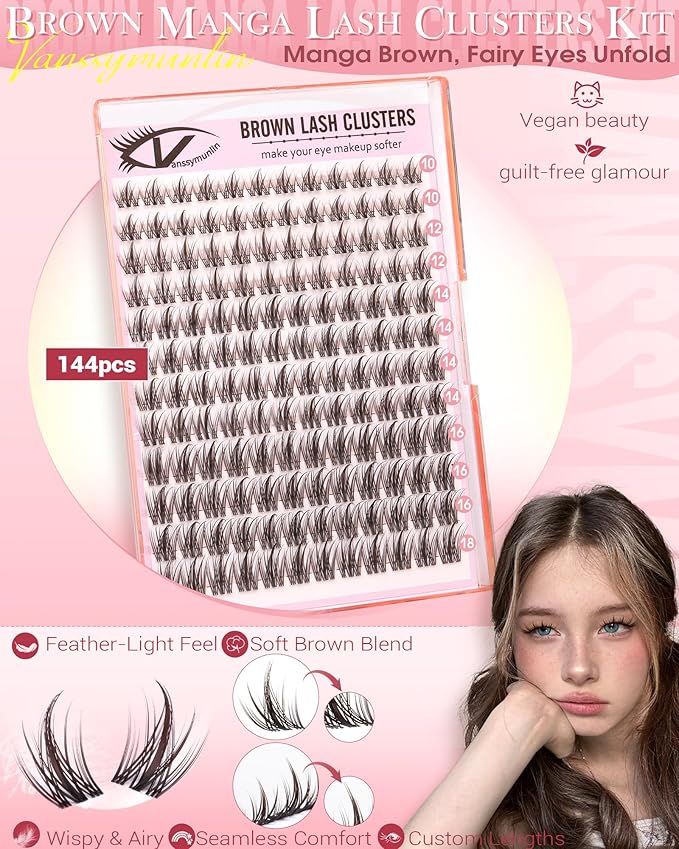 Brown Manga Lash Clusters Natural Wispy Eyelashes Cluster Fairy Anime Cluster Eyelash Extensions C Curl 10-18mm Lashes Clusters Clean Band Individual Lashes Short Eyelash Clusters