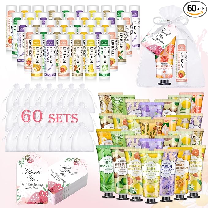 KONEUK 60 Pack Hand Cream Bulk and Lip Balm Bulk Sets, Mothers Day Gifts and Bridal Shower Gift for Guests, Teacher Appreciation Gifts, Nurses Week Gift, Birthday Gift, Small Gifts for Women