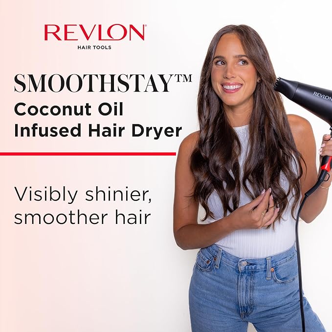 REVLON SmoothStay Coconut Oil Infused Hair Dryer with Diffuser & Concentrator - Ionic Ceramic Blow Dryer for Frizz Control, Shine, Smoothness & Volume, 1875W Lightweight Salon-Quality (Pack of 2)