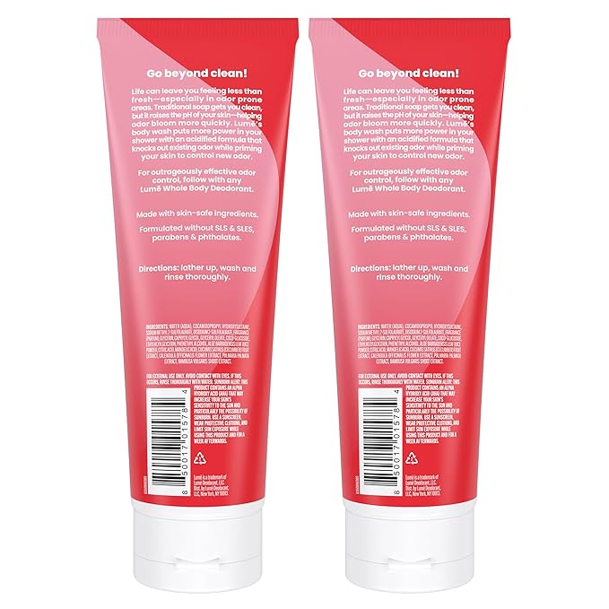 Lume Acidified Body Wash - 24 Hour Odor Control - Removes Odor Better than Soap - Moisturizing Formula - Formulated Without SLS or Parabens - OB/GYN Developed - 8.5 ounce (Pack of 2) (Peony Rose)
