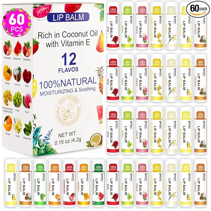 DMSKY 60 Pack Lip Balm, Natural Lip Balm Bulk with Vitamin E and Coconut Oil, Moisturizing Lip Care for Dry Chapped Lips, Party Favors-12 Flavors