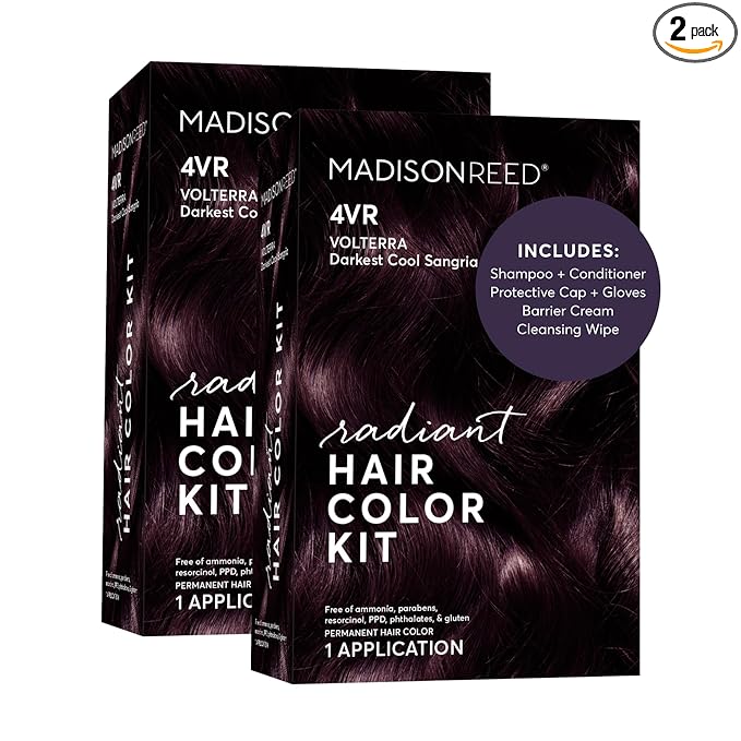 Madison Reed Radiant Hair Color Kit | 4VR Darkest Cool Sangria (Volterra Amethyst) for 100% Gray Hair Coverage | Salon Quality Permanent Hair Dye | PPD-Free & Ammonia-Free | (Packaging Varies) 2 Pack