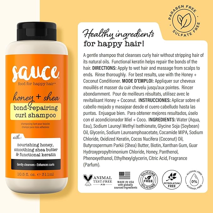 SAUCE Honey + Shea Bond Repair Curly Hair Shampoo,10.5 Fl Oz, Gently Cleanses & Controls Frizz, Helps Repair Damage & Reduce Breakage with Biotin & Functional Keratin, No Sulfates & Parabens