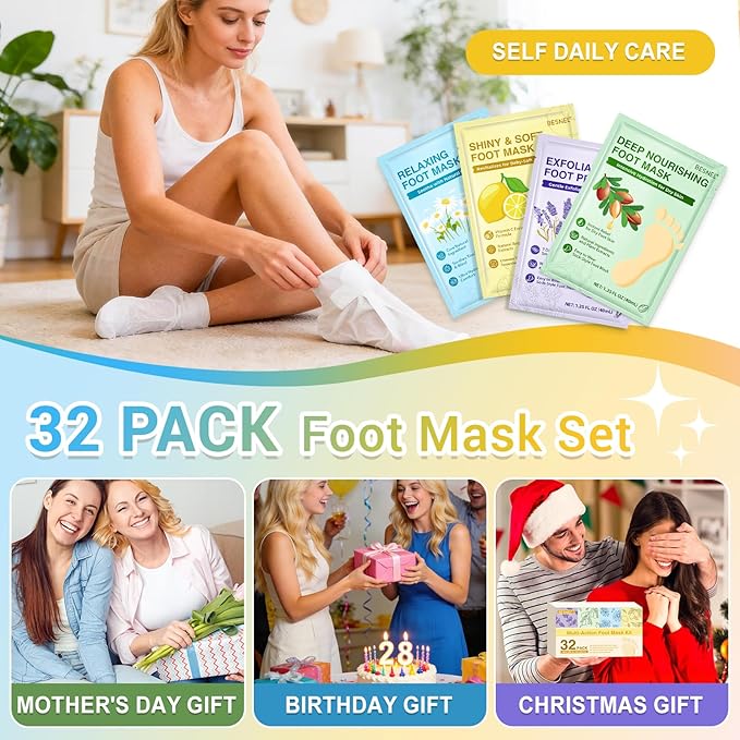 32 Pack Moisturizing Foot Mask,Hydrating Foot Masks for Dry Cracked Feet,Soothing Dry Skin Moisturizer Socks for Baby Soft Feet,Teacher Appreciation Gifts,Foot Care Spa Gifts for Women Men(4 Styles)