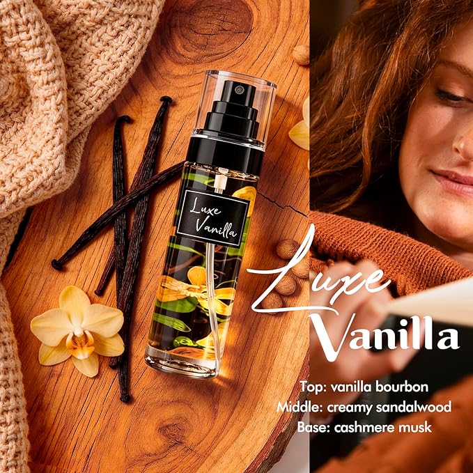 AQUA BLANCE 3-Pack Vanilla Body Spray for Women, Travel Size Fragrance Mist Set with Luxe Vanilla, Nectar Dream & Sandy Orchid, Long Lasting Body Mist for Travel & Gym, 3.4 fl oz Each