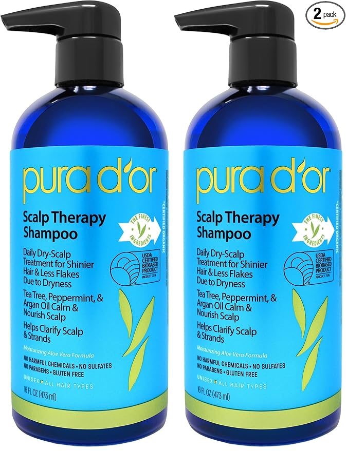 PURA D'OR Scalp Therapy Shampoo Hydrates & Nourishes Scalp Care Shampoo For Itchy Flaky-Scalp Tea Tree,Peppermint,Patchouli,Cedarwood,Clary Sage,Argan Oil 16oz(Packaging may vary)(00602)(Pack of 2)