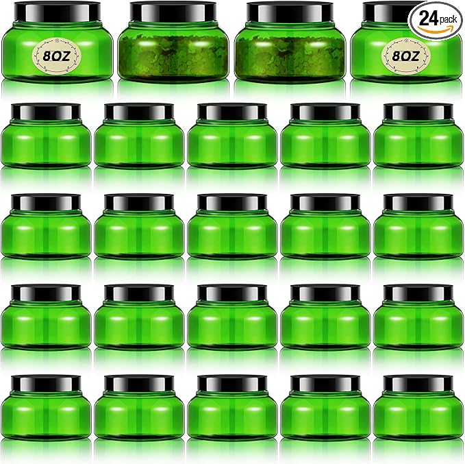Tessco for you 24 Pack Plastic Jars with Lids Labels Multiuse Slime Containers Empty Body Scrub Jars Round Refillable Cosmetic Body Butter Container for Makeup (8 oz,Green,Black)