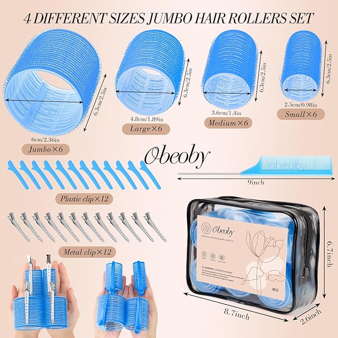 Obeoby 4 Sizes Hair Rollers for Women, 50 Pcs Set Hair Curlers with Clips Comb Curlers for Long Short Curly Hair and Bangs (25, 36, 48, 60mm), Blue