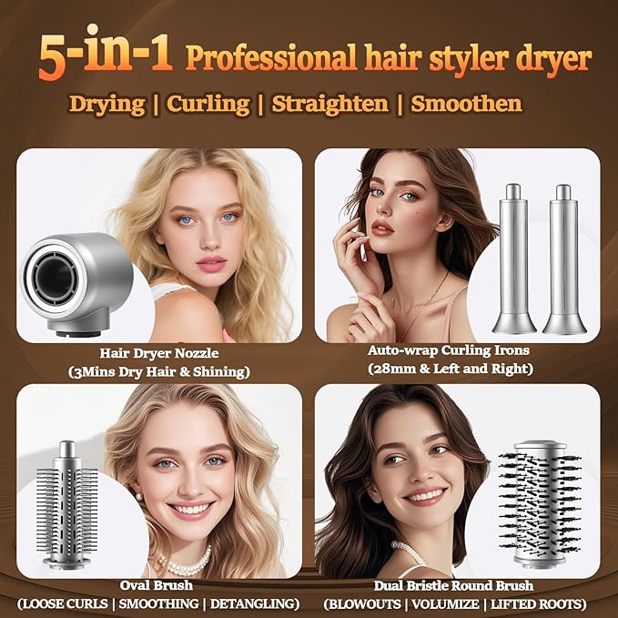 SIGBOT 5-in-1 Hair Dryer Styler | Professional Blow Volumizing Brush | 300M Negative Ions Frizz-Free | Powerful Motor | Complete Hair Styling Tool Kit with Curling, Straightening, Drying (ZCY892-B)
