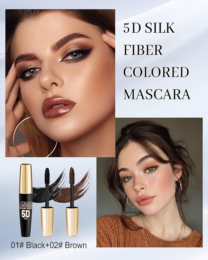 2 Pcs Black Brown Waterproof Mascara, 5D Silk Fiber Lashes Extension Colored Tube Mascaras with Eyelash Brush, Long Lasting Curling Mascara Volume and Length, Eye Makeup Gift for Women