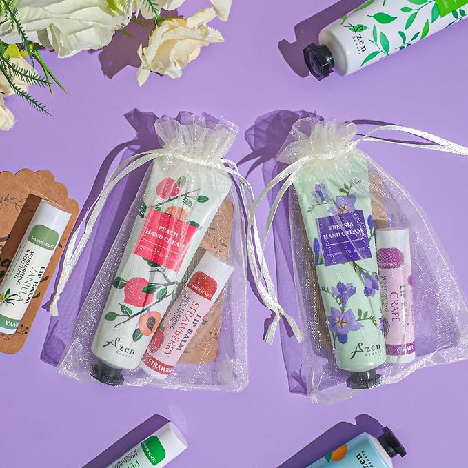 AZEN 8 Sets Bulk Gifts, Hand Cream and Lip Balm Bulk Set with Organza Bag Thank You Card, Baby Shower Wedding Gift for Guests, Bridal Wedding Favors for Guests, Mothers Day Gifts Stocking Stuffers