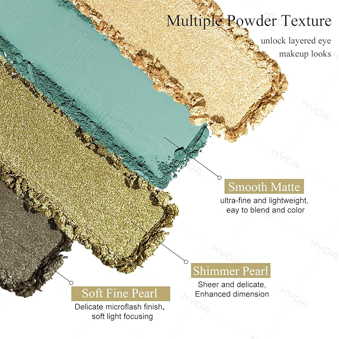 KYDA 4 Colors Eyeshadow Palette, Olive Green Golden Glitter Eyeshadow, Matte Cyan Blue Eye Shadow, Shimmer Pearl Brown Eyes Shadow Palette, Ultra-fine Lightweight, High Pigment Smoky Eyes Makeup