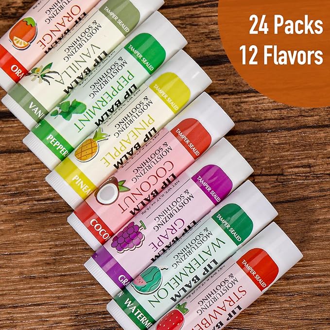 AZEN 24 Pack Lip Balm Bulk, Moisturizing Lip Balms for dry cracked lips, Mothers Day Gifts Easter Basket Stuffers - 12 Flavors
