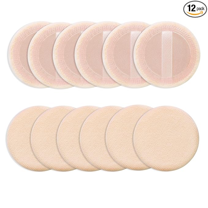 Sibba Loose Powder Make Up Puff 12 Pieces Round Velour Face Makeup Compact Body Container Setting Pressed Blending Foundation Cream Make Up Ribbon Strap Sponge Cushion Applicator (Skin Color)