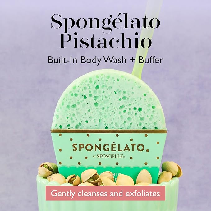 Spongellé Pistachio Spongélato Bath Sponge | Built-In Body Wash & Body Scrubber, Shower Loofah Sponge for Women | 14+ uses