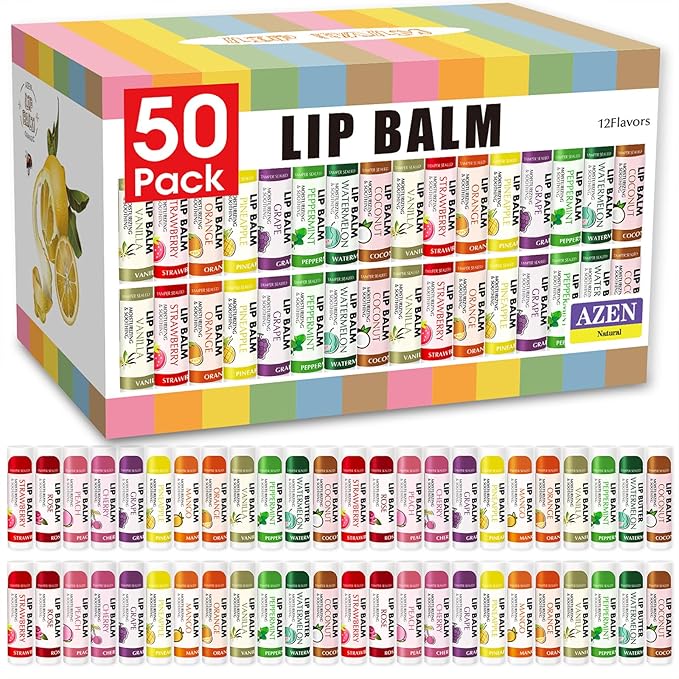 AZEN 50 Pack Lip Balm Bulk, Moisturizing Lip Balms for dry cracked lips, Mothers Day Gifts Easter Basket Stuffers - 12 Flavors