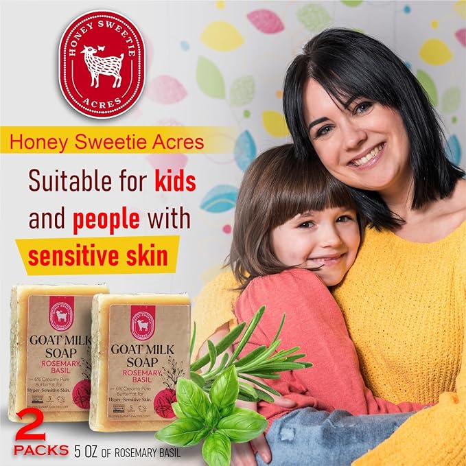 Honey Sweetie Acres 2-Pack Rosemary Basil Goat Milk Soap - Handmade 5 oz Bar, Made with Natural Ingredients, Moisturizing & Gentle, Made in the USA
