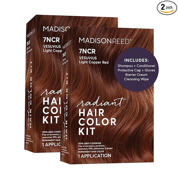 Madison Reed Radiant Hair Color Kit - 7NCR Light Copper Red (Vesuvius Red), Dimensional Gray Hair Blending Permanent Hair Dye, PPD-Free & Ammonia-Free, 2 Pack