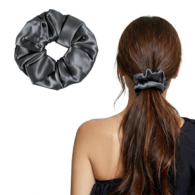 ZLYC 100% Mulberry Silk Hair Tie Scrunchie 19 Momme Gentle Creaseless Dent-Free Ponytail Holder for Women, 6cm Solid Gray