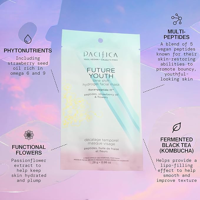 Pacifica Future Youth Time Shift Hydrogel Facial Mask, Multi-Peptide Anti-Aging Sheet Mask for Firming & Plumping, Ultra-Hydrating Serum-Infused Mask for Face & Neck, 100% Vegan