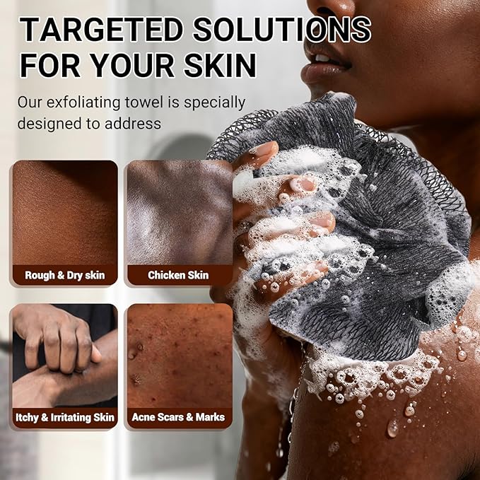African Net Sponge Authentic for Exfoliating - Extra Knots for Deep Cleansing & Back Scrubbing - Body Scrubber Washcloth for Women & Men - Daily Shower Exfoliator for Smooth, Glowing Skin(Black)