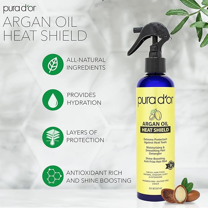 PURA D'OR 8 Oz Argan Oil Heat Shield Protectant Spray with Select Organic Ingredients,Protects Up To 450º F From Flat Iron & Hot Blow Dry,Leave-In,Define & Shine Dry-& Damaged Hair,(Pack of 2)