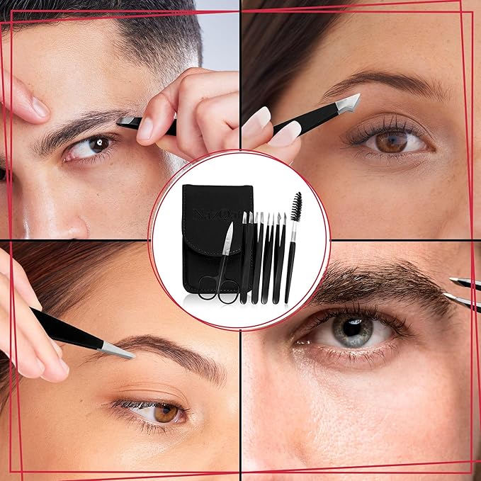 6-Piece Precision Eyebrow Tweezers for Women & Men - Professional Eyebrow & Facial Hair Grooming Kit with 4 Tweezers For Eyebrows, Eyebrow Scissors & Brush - Stainless Steel Tools in Leather Case