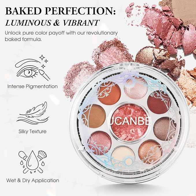 UCANBE Baked Eyeshadow & Blush Palette, High Pigmented Blendable Matte Shimmer Rose Pink Eye Shadow & Cheek Makeup Palette, Rotating Compact Design Makeup Gift, 02 Whispered Rose