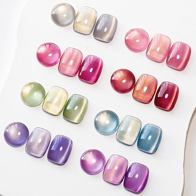 MIZHSE Cat Eye Gel Nail Polish, Dawn Cat Eye Effect Magnetic Gel Polish Set, 8 Colors Crystal Jelly Pink Red Green Purple Nail Gel with Magnet Stick Soak Off Nail Art Gift for Women