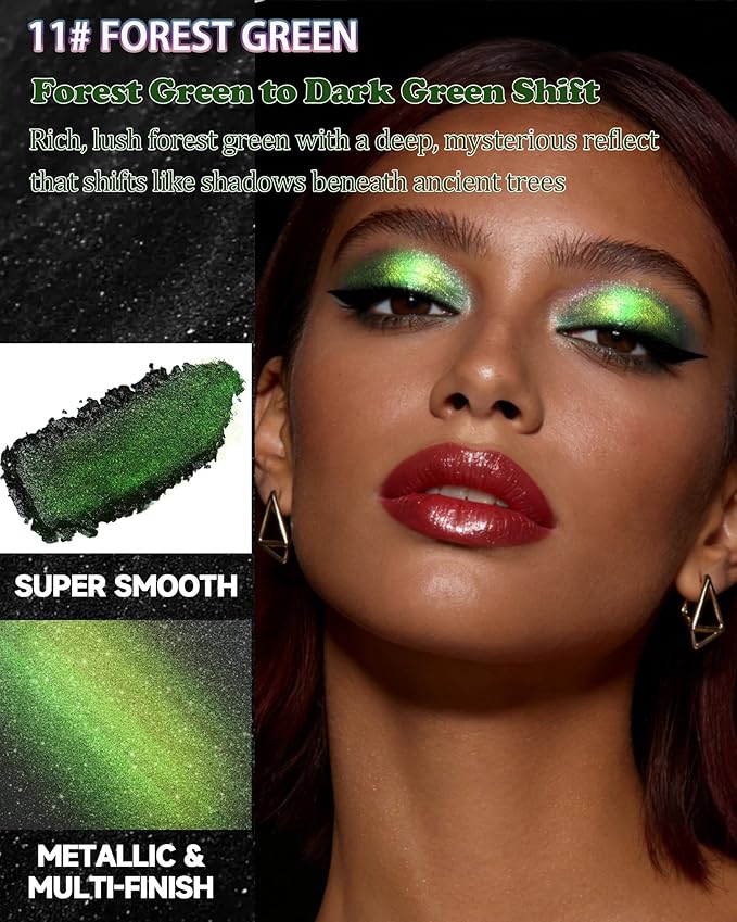 Chameleon Duochrome Glitter Eyeshadow Palette, Holographic Shimmer Single Eye Shadow Palettes, Color Shift Sparkle Iridescent, Multichrome Metallic Eye Brightener Highlighter Makeup-11 Forest Green