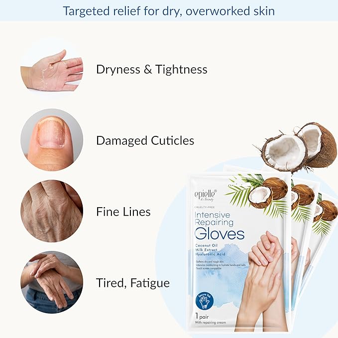 Epielle Intensive Repairing Hand Mask 6 Pairs, Soften with Coconut Oil & Milk Extract, Deep Moisturizing Gloves for Dry, Rough Skin, Self Care Gifts for Women, Spa Kit, Mothers Day Gifts