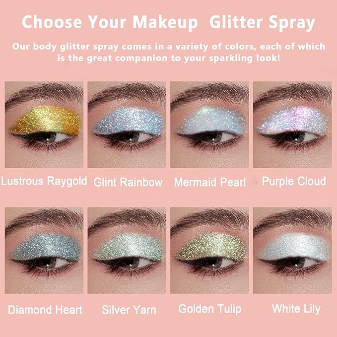 Boko Body Glitter Spray, Iridescent Glitter Spray for Sparkling Body Face Hair Nail Clothes, Hair Glitter Spray Body Shimmer Powder for Highlighter Makeup Festival Concert Party Rave Accessories