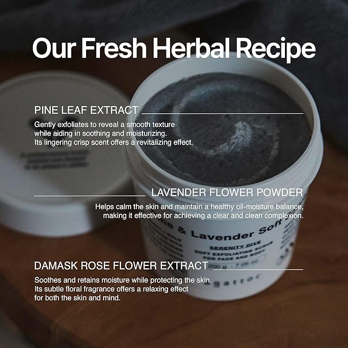 Foaming Body Scrub for Sensitive Skin, Pine & Lavender Whipped Sugar Scrub with AHA BHA PHA, Relaxing 2-in-1 Face & Body Wash Exfoliator, Soothing Daisy Flower, Woody Lavender Scent, 7.05 oz