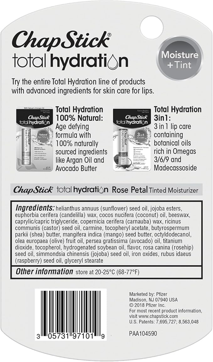 ChapStick Total Hydration Moisture + Tint Rose Petal Tinted Lip Balm Tube, Tinted Moisturizer - 0.12 Oz