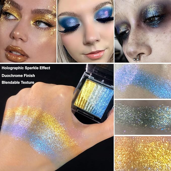 Afflano Colorful Multichrome Eyeshadow Single, Chameleon Duo Chrome Eyeshadow Palette Half Magic, Holographic Sparkle Yellow-Blue Color Shift Glitter Eye Shadow Make up/Iridescent Eyelid Makeup, #01