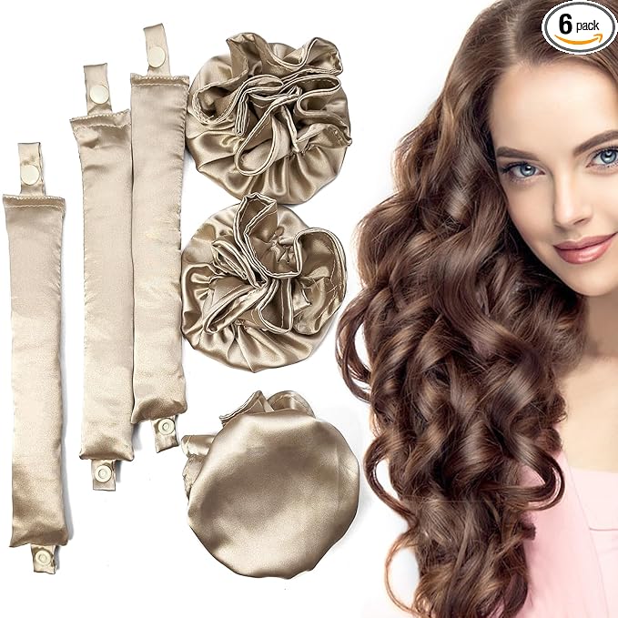 Satin Heatless Hair Curler 3Sets/6PCS, Flexi Rod for All Hair Types, No Heat Curlers to Sleep In - C-3Sets-Golden