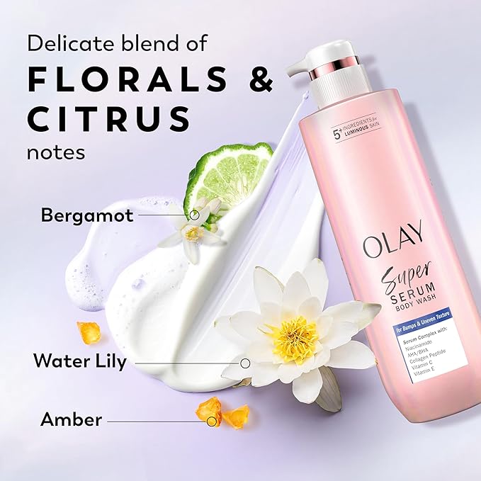 Olay Super Serum Body Wash for Rough & Bumpy Skin, 24hr Long Lasting Rich Hydration, 5+ Ingredient Complex for Bright, Even, Firm, & Luminous Skin, with Collagen Peptide, BHA/AHA & Vitamin C, 20 fl oz