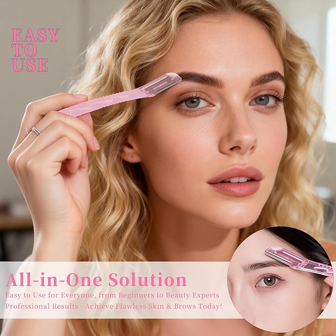 HEDVIA 9 Pcs Eyebrow Razor Kit for Women Shaping, Professional eyebrow Makeup Set with 6 Small Eyebrow Razors, 1 Eyebrow Scissors with Comb, 1Eyebrow Tweezers for Men, 1 Makeup Brushes(Pink Set)
