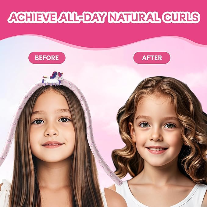 Girls Heatless Curls Overnight, Kids Unicorn Hair Rollers with Hair Clips, Hair Accessories for Little Girls & Teenage & Sister, Birthday Gifts Trendy Stuff - Pink