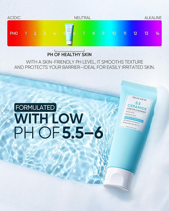 SKINTIFIC 5X Ceramides Low pH Facial Cleanser for Sensitive Skin, Hydrating Cleansing Face Wash with Amino Acids & Hyaluronic Acid, Not Tight, Maintain Skin Barrier,150ml
