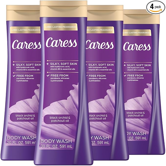Caress Black Orchid & Patchouli Oil Body Wash, Hyaluronic Acid & Vitamin B3 for Moisturized, Silky Soft Skin, Long-Lasting Exotic Fragrance, 20 fl oz (4 Pack)