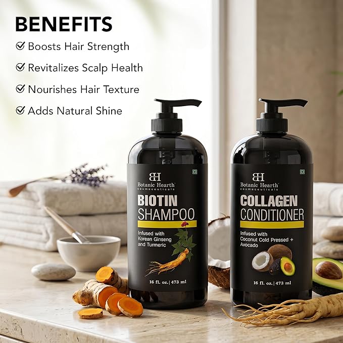 Botanic Hearth Biotin Shampoo and Conditioner with Collagen | Fights Hair Loss & with Korean Ginseng & Turmeric, Conditioner Promotes Hair with Avocado and Coconut | 16 fl oz x 2